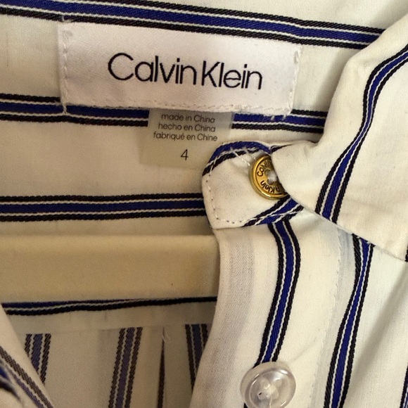 NEW Calvin Klein 100% Cotton Tie Waist Shirt Dress - White Blue Black Stripe  4 - Picture 8 of 13